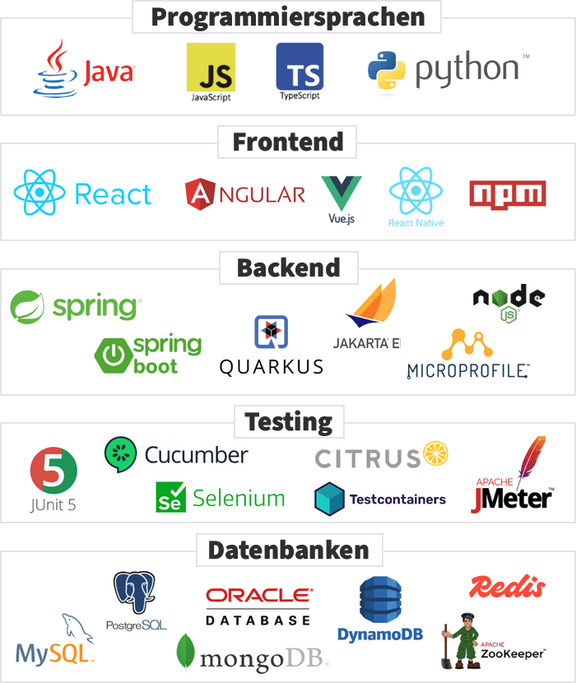 Logos: Programmiersprachen / Frontend / Backend / Testing / Datenbanken